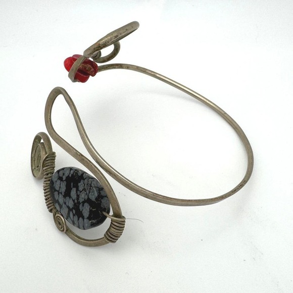 Unique Silver Tone‎ Arm Bracelet Red Coral & Snowflake Obsidian Stone - Picture 3 of 7